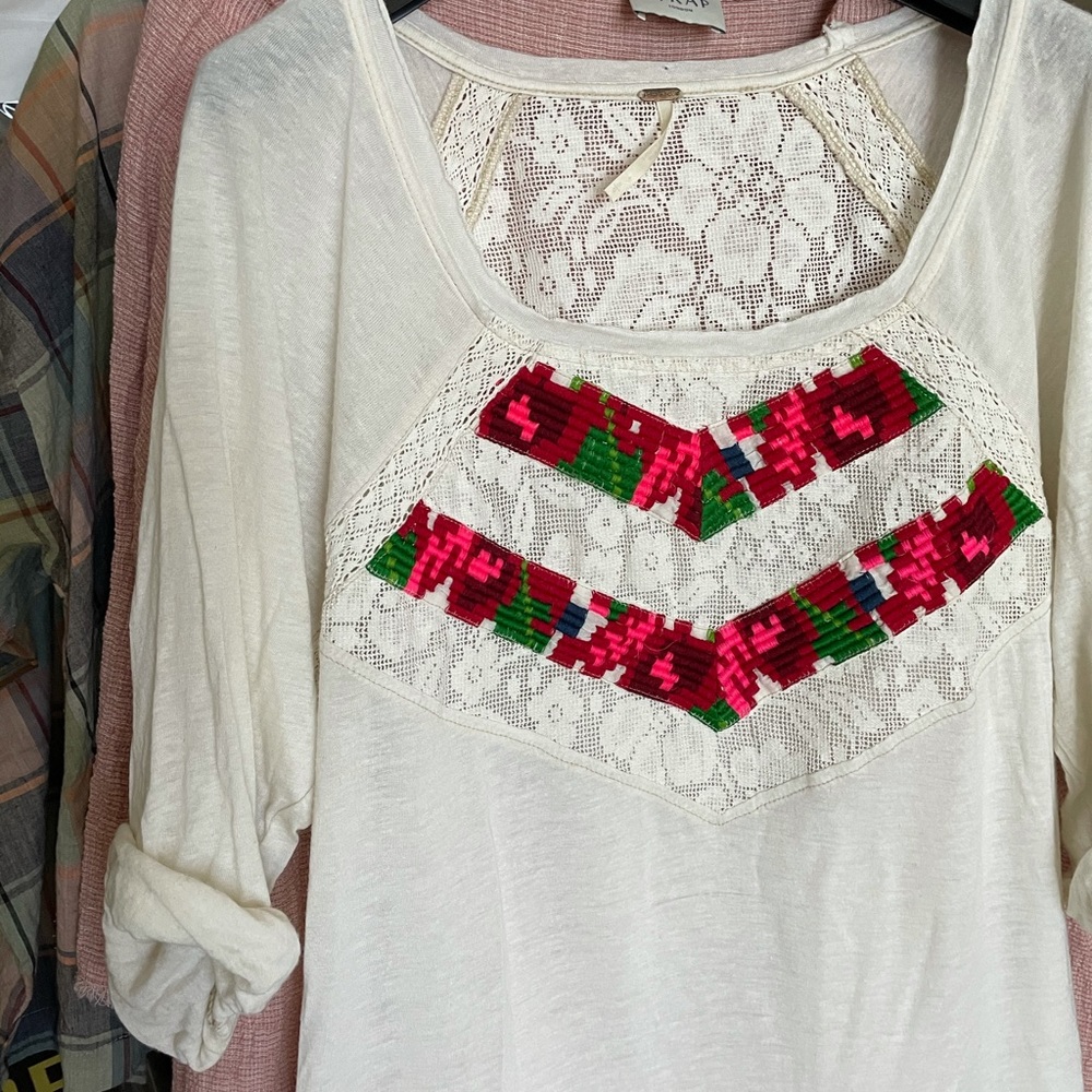 Free People Crochet Lace Oaxaca Embroidered Beach Top Boho Shirt S P